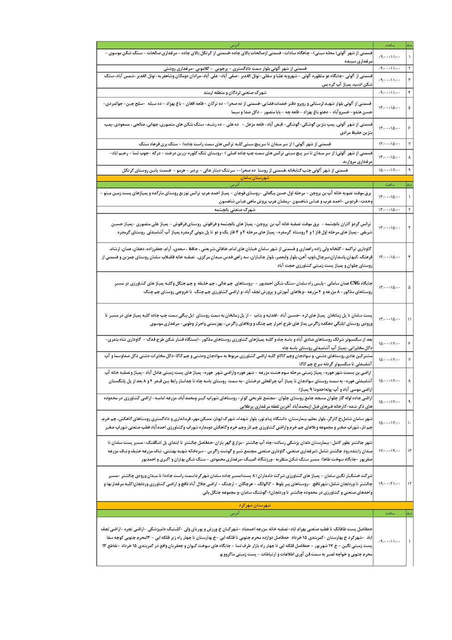 برنامه قطعی برق چهارمحال‌ و بختیاری‌ یکشنبه ۱۹ مرداد + جدول