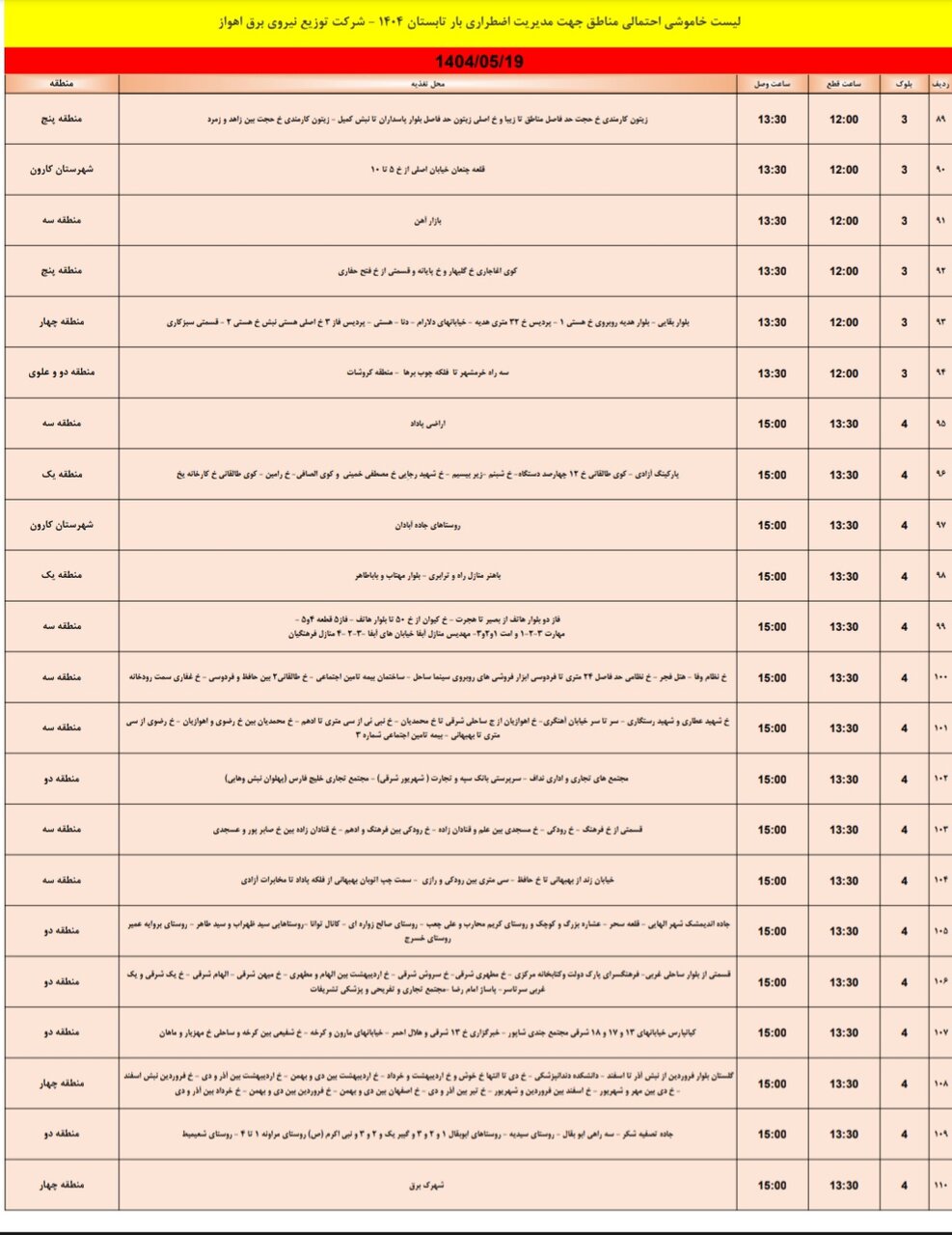 جدول قطعی برق اهواز یکشنبه ۱۹ مرداد