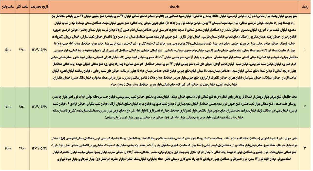 جدول قطعی برق استان ایلام امروز یکشنبه ۱۹ مرداد ۱۴۰۴