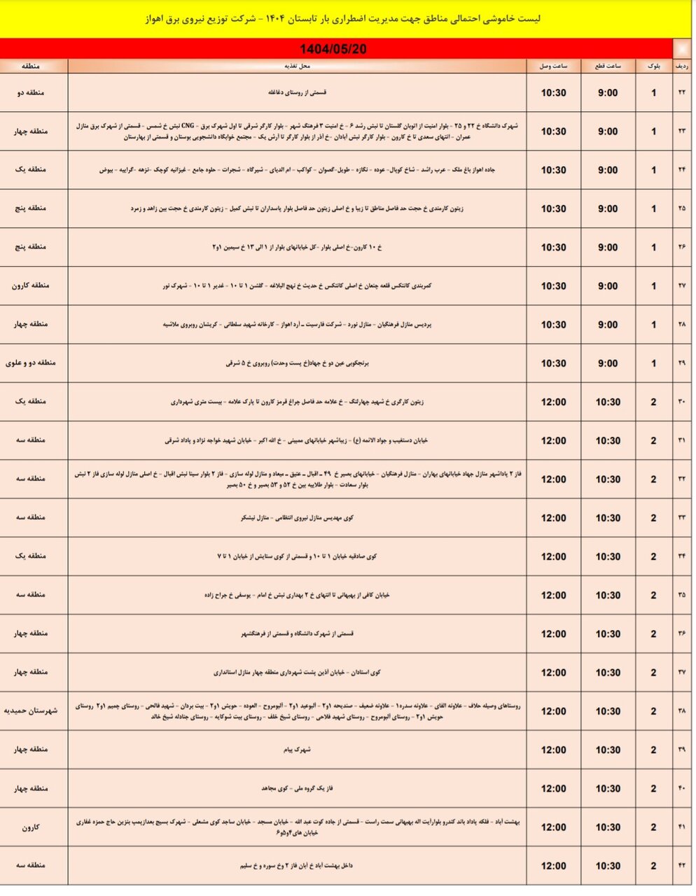 جدول خاموشی برق اهواز دوشنبه ۲۰ مرداد