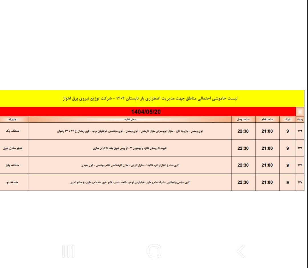 جدول خاموشی برق اهواز دوشنبه ۲۰ مرداد