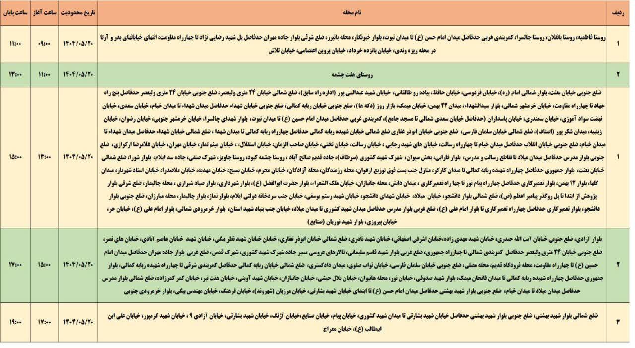 جدول قطعی برق استان ایلام امروز دوشنبه ۲۰ مرداد ۱۴۰۴