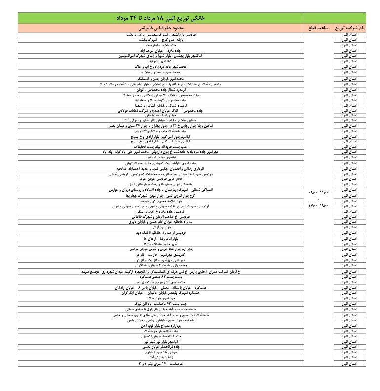 برنامه قطعی برق استان البرز امروز دوشنبه ۲۰ مرداد ۱۴۰۴