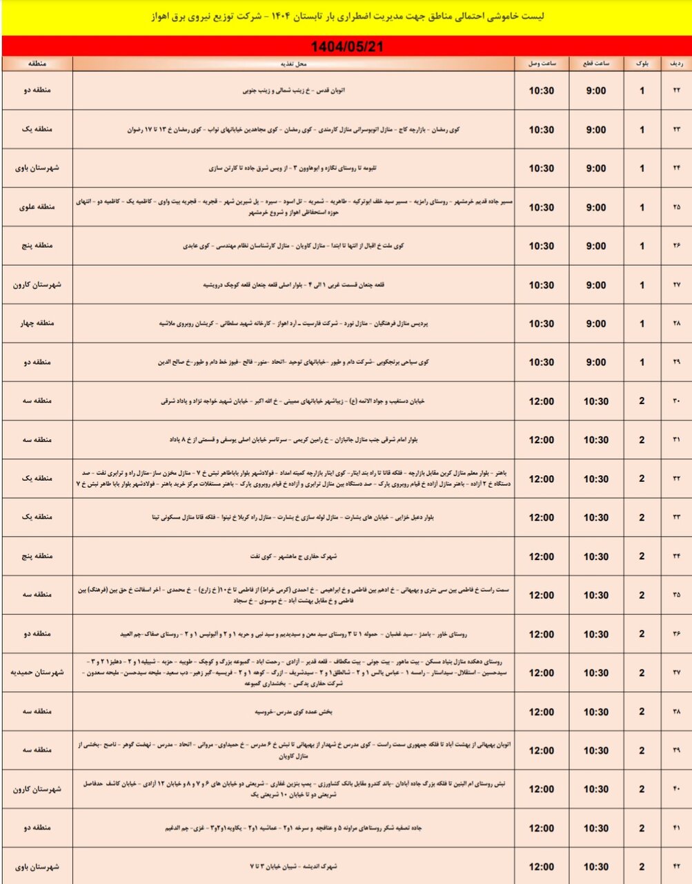 جدول خاموشی برق اهواز سه‌شنبه ۲۱ مرداد
