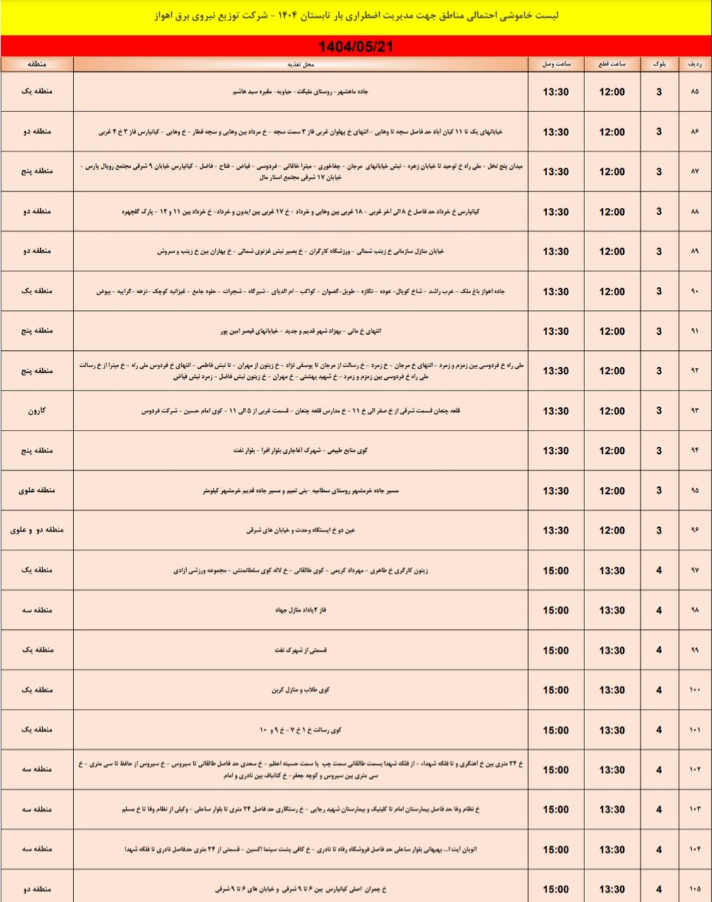 جدول خاموشی برق اهواز سه‌شنبه ۲۱ مرداد
