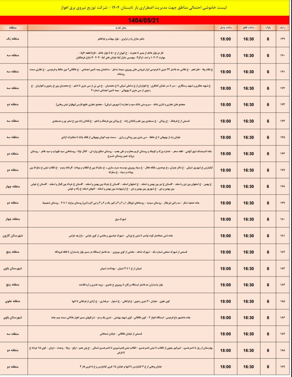 جدول خاموشی برق اهواز سه‌شنبه ۲۱ مرداد