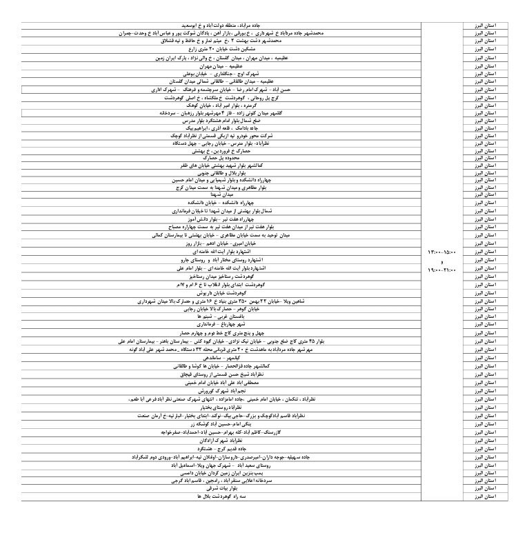برنامه خاموشی احتمالی البرز و کرج امروز سه شنبه ۲۱ مرداد ۱۴۰۴ + جدول