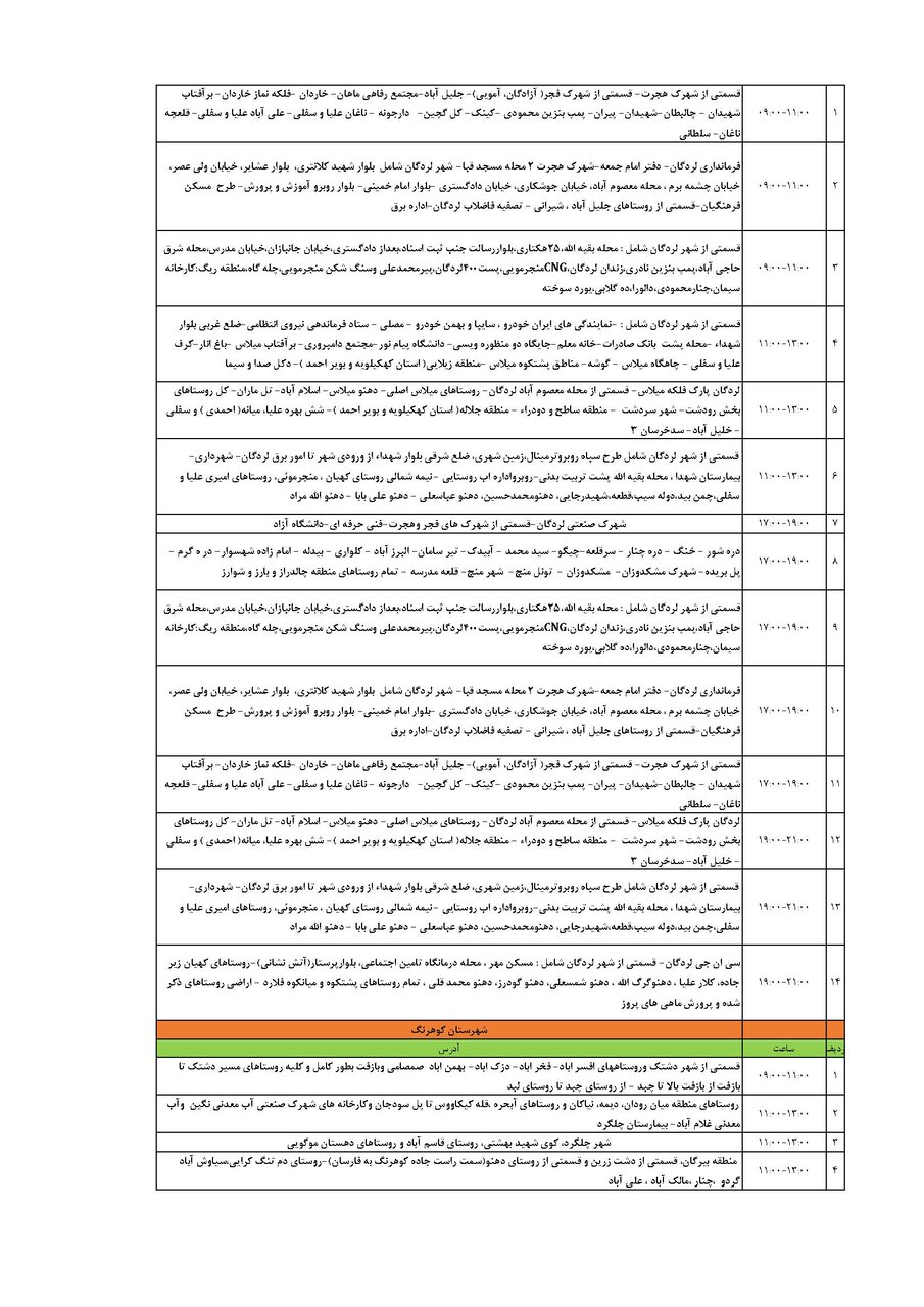 برنامه قطعی برق چهارمحال و بختیاری چهارشنبه ۲۲ مرداد + جدول