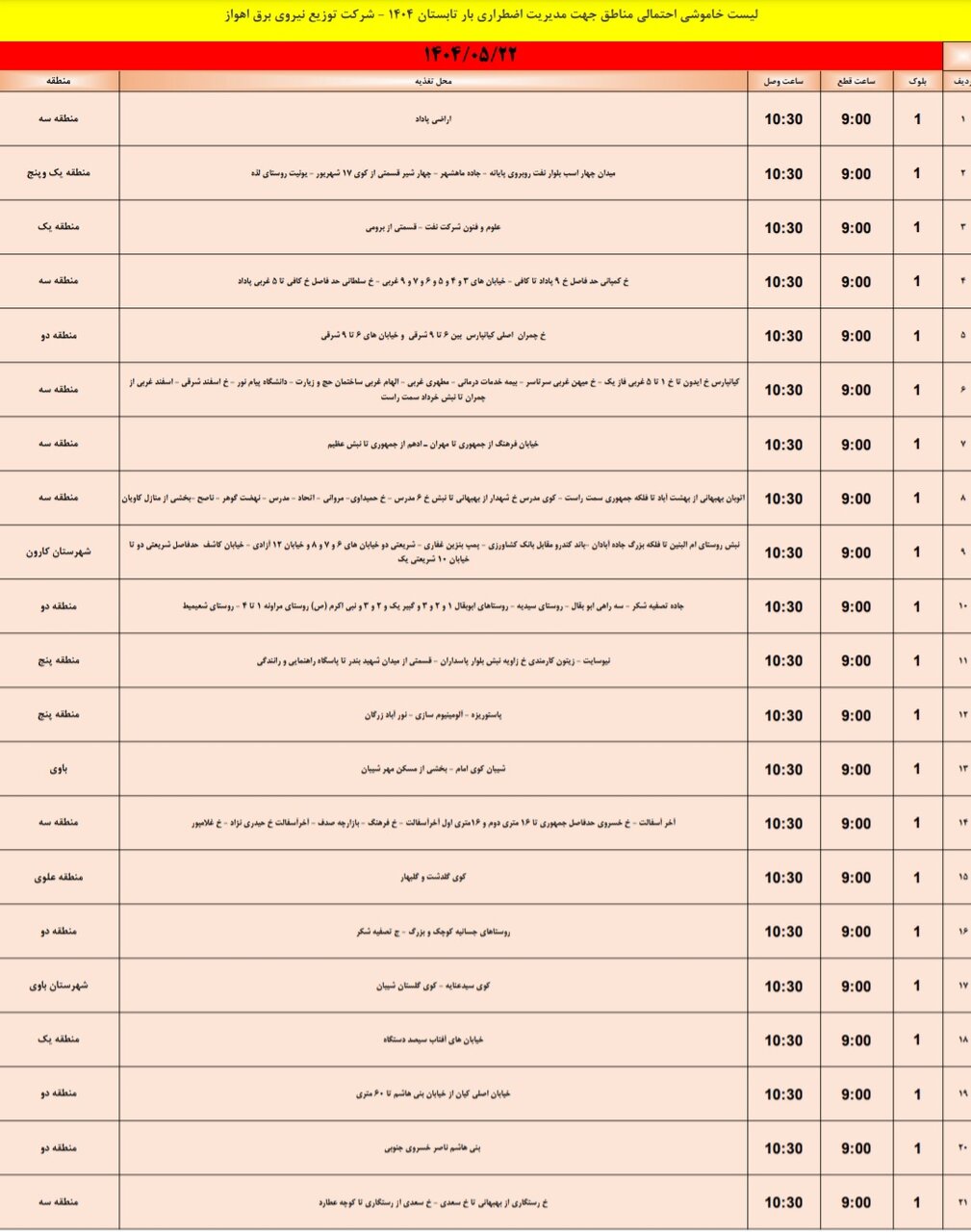 جدول خاموشی برق اهواز چهارشنبه ۲۲ مرداد ۱۴۰۴