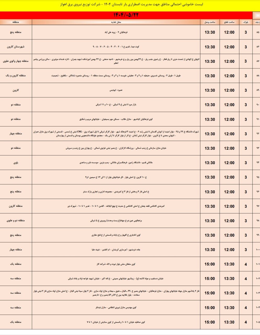 جدول خاموشی برق اهواز چهارشنبه ۲۲ مرداد ۱۴۰۴