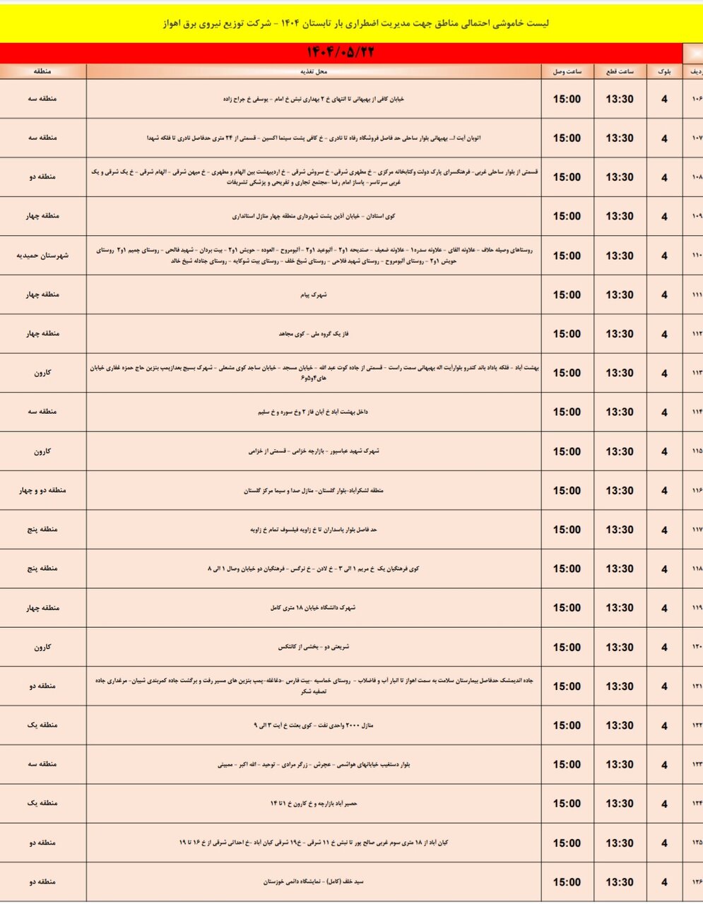 جدول خاموشی برق اهواز چهارشنبه ۲۲ مرداد ۱۴۰۴