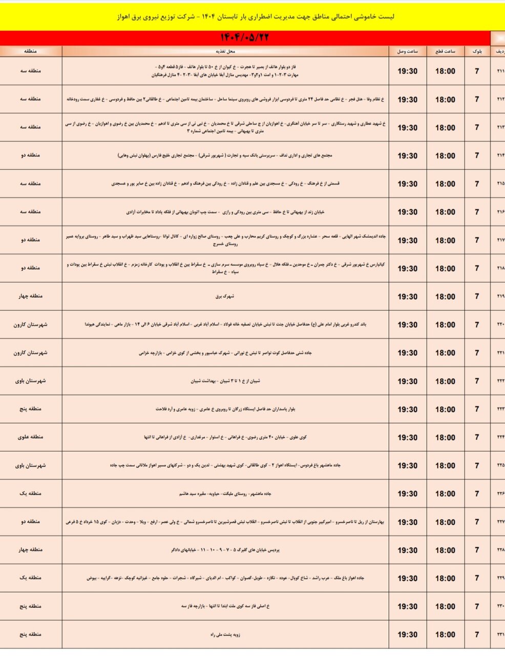 جدول خاموشی برق اهواز چهارشنبه ۲۲ مرداد ۱۴۰۴