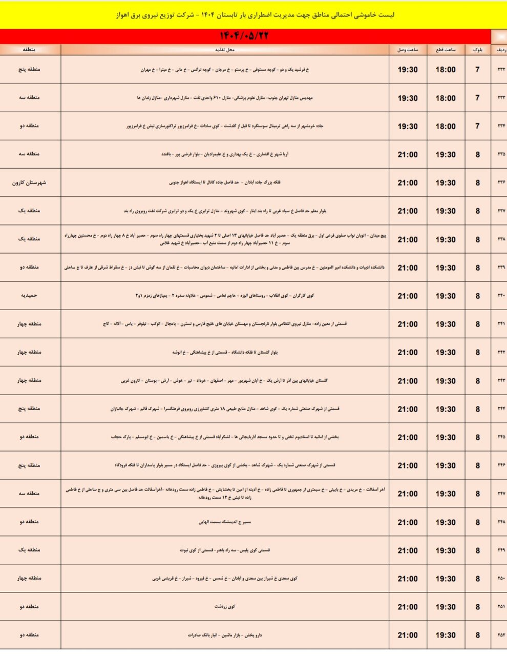 جدول خاموشی برق اهواز چهارشنبه ۲۲ مرداد ۱۴۰۴