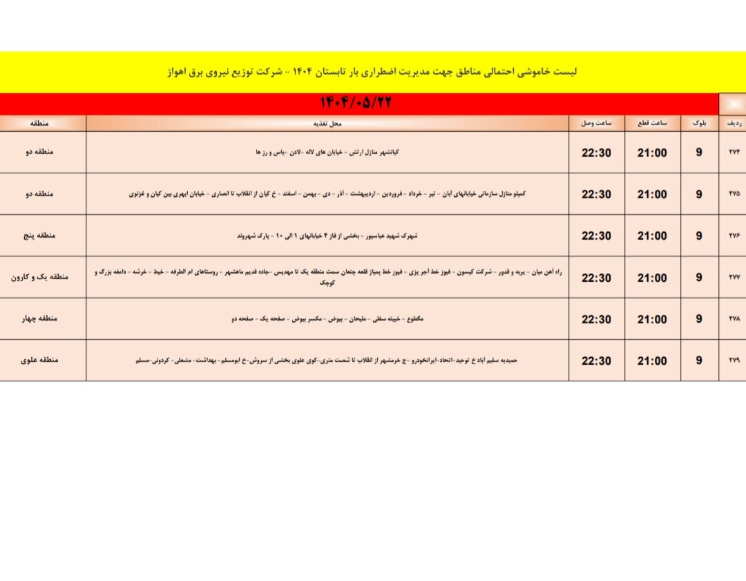 جدول خاموشی برق اهواز چهارشنبه ۲۲ مرداد ۱۴۰۴