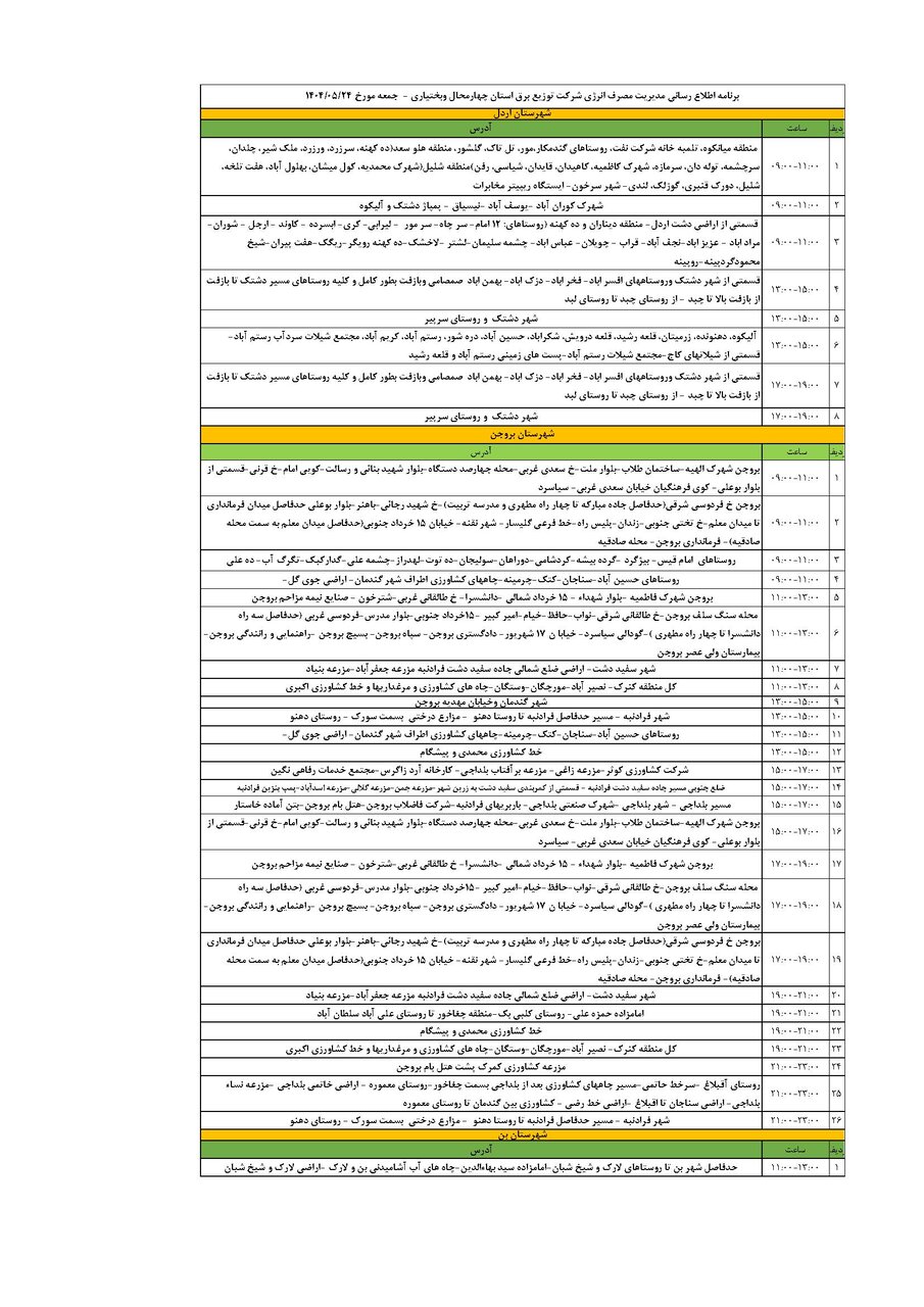 برنامه قطعی برق چهارمحال و بختیاری جمعه ۲۴ مرداد + جدول