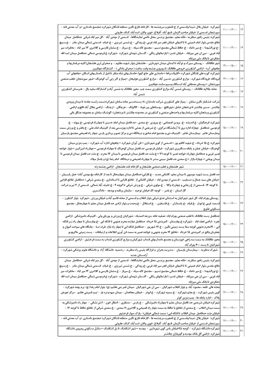 برنامه قطعی برق چهارمحال و بختیاری جمعه ۲۴ مرداد + جدول