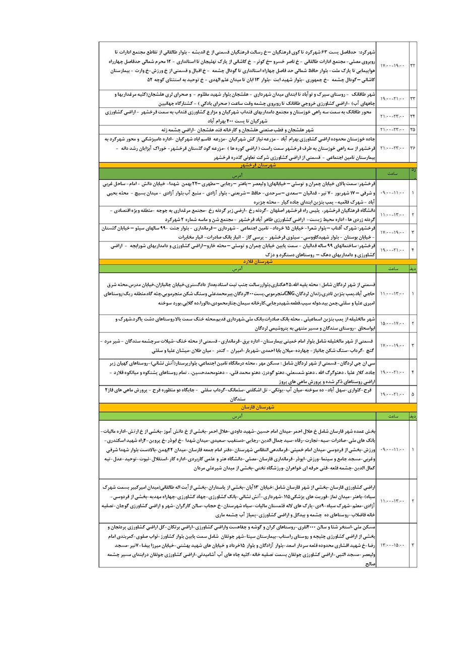 برنامه قطعی برق چهارمحال‌ و بختیاری‌ جمعه ۲۴ مرداد + جدول