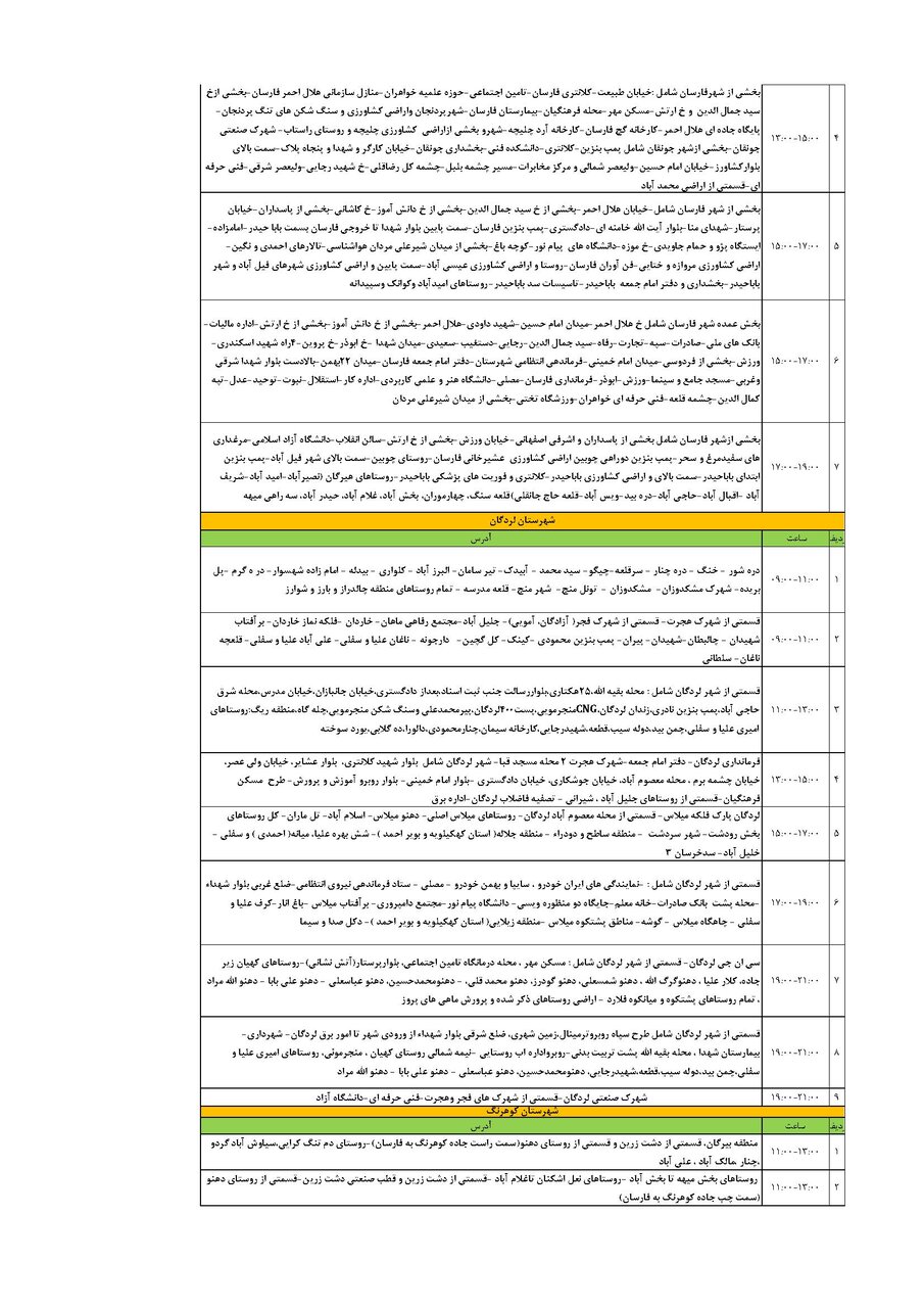 برنامه قطعی برق چهارمحال و بختیاری جمعه ۲۴ مرداد + جدول