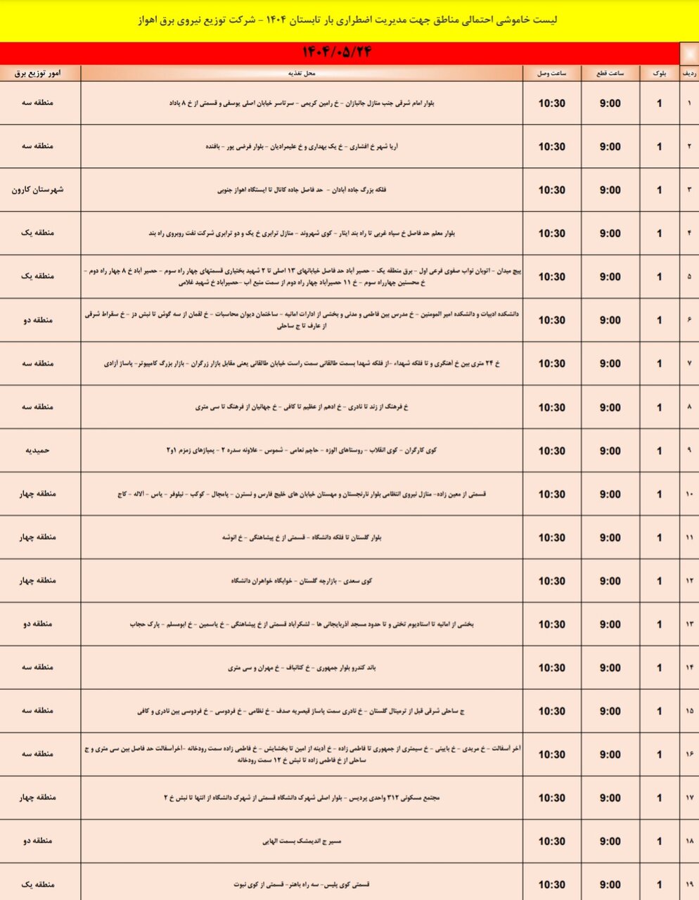 جدول خاموشی برق اهواز جمعه ۲۴ مرداد