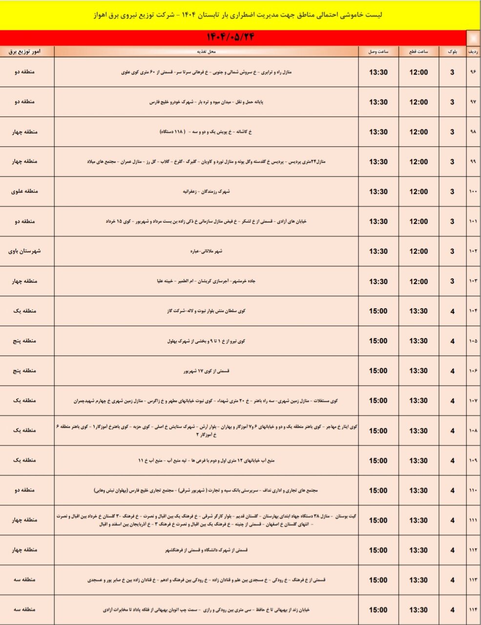 جدول خاموشی برق اهواز جمعه ۲۴ مرداد