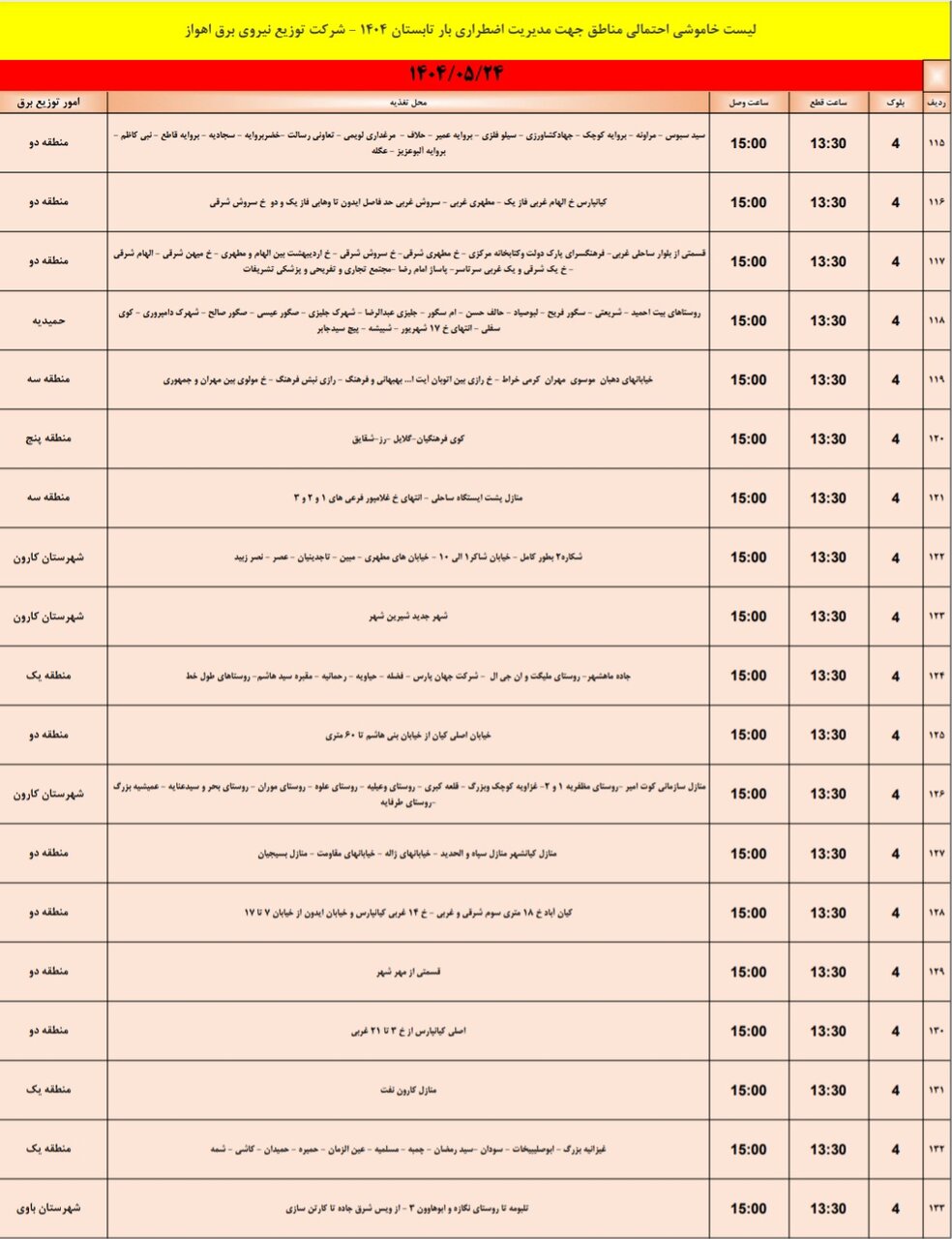 جدول خاموشی برق اهواز جمعه ۲۴ مرداد