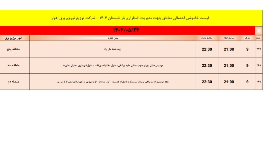 جدول خاموشی برق اهواز جمعه ۲۴ مرداد