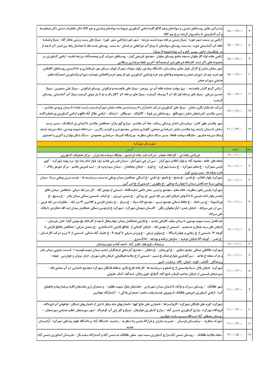 برنامه قطعی برق چهارمحال‌ و بختیاری‌ شنبه ۲۵ مرداد + جدول