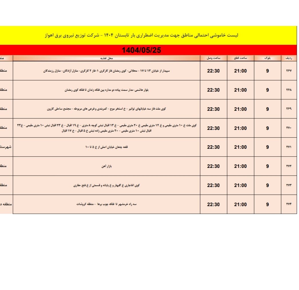 جدول خاموشی برق