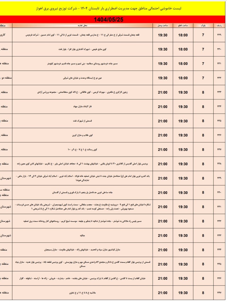 جدول خاموشی برق