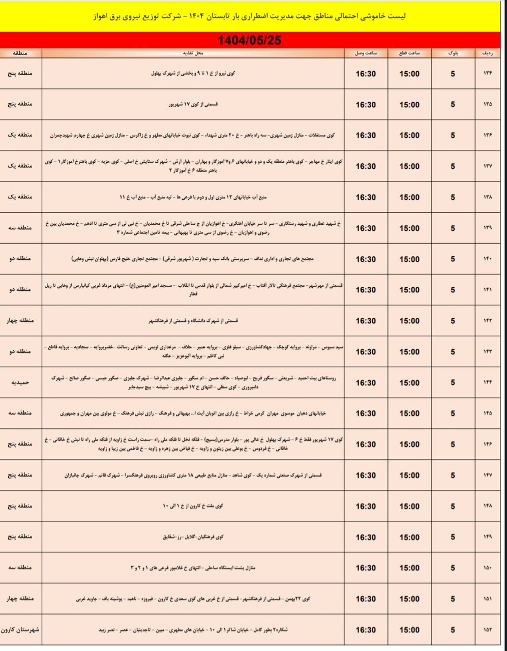 جدول خاموشی برق