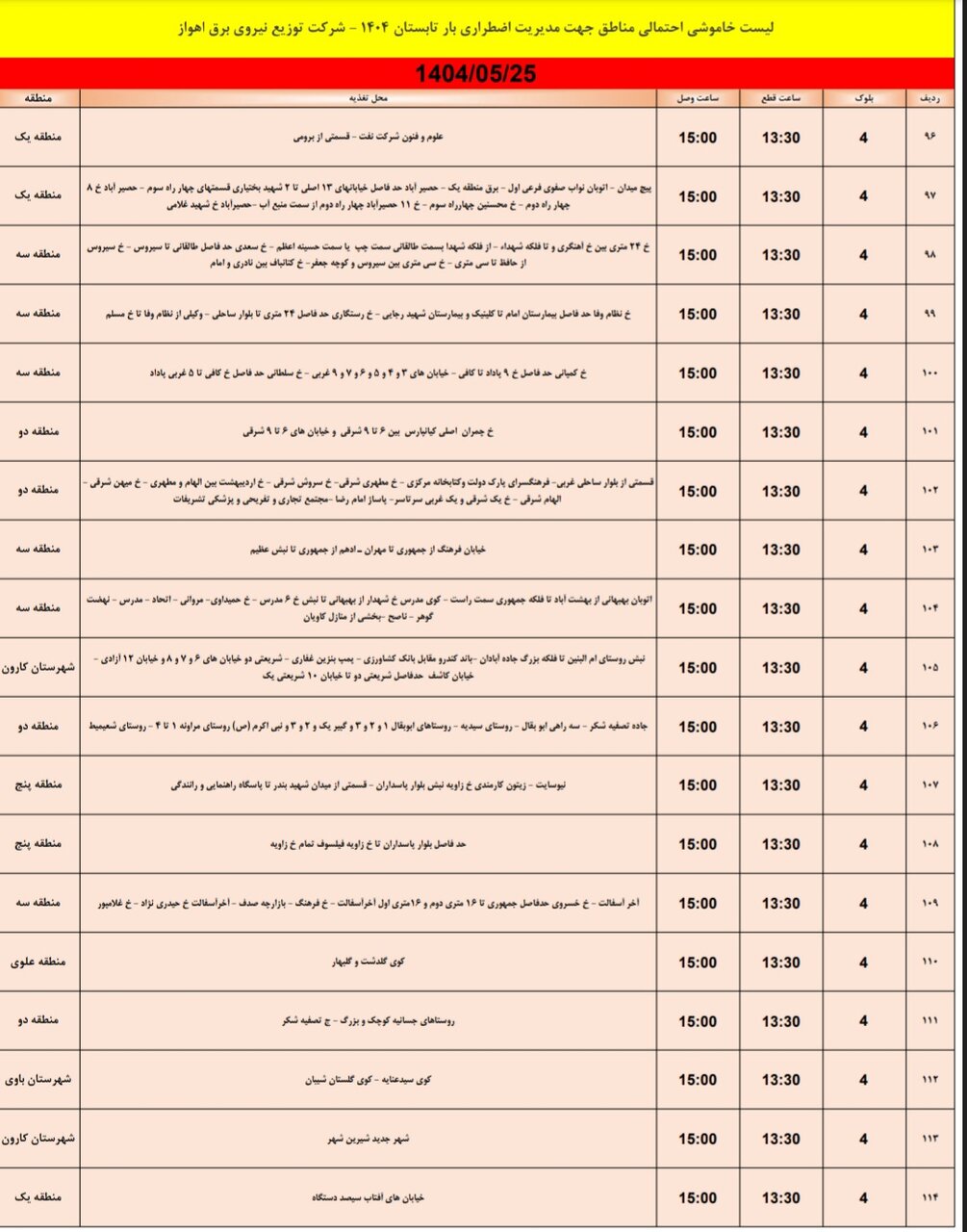 جدول خاموشی برق