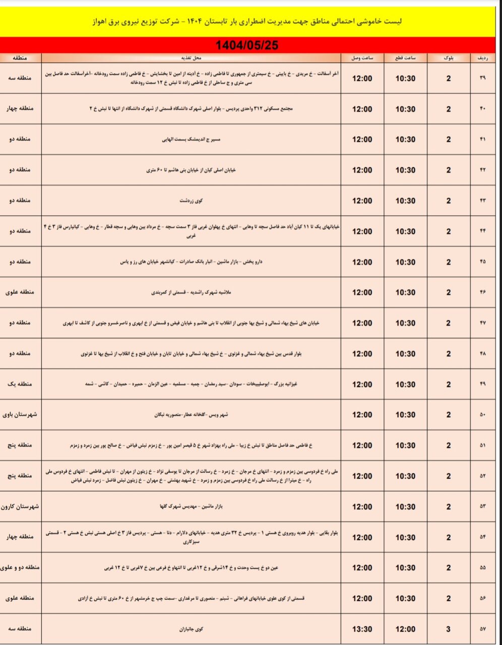 جدول خاموشی برق