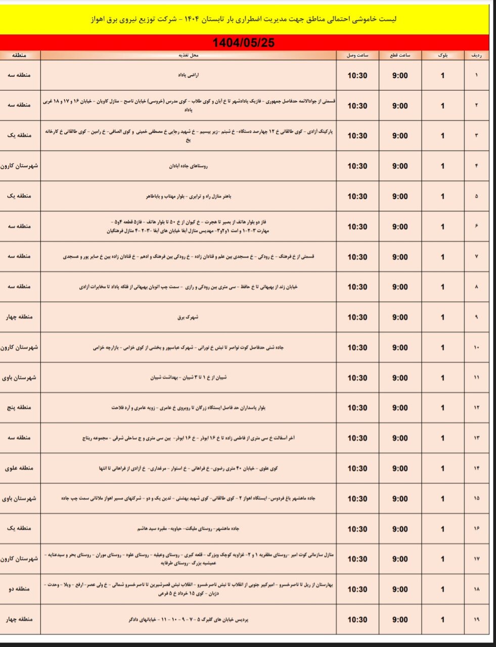 جدول خاموشی برق