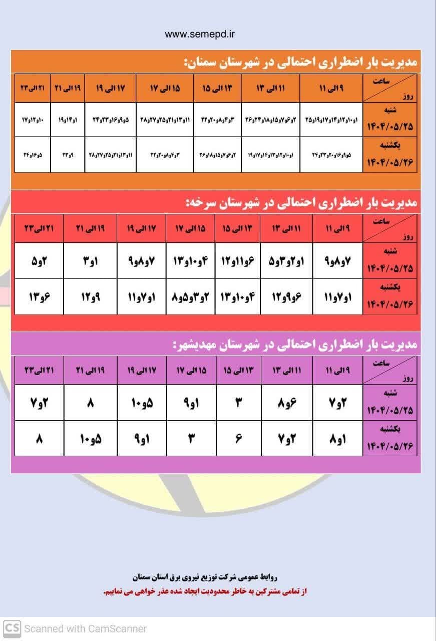 جدول قطعی برق استان سمنان امروز شنبه ۲۵ مرداد ۱۴۰۴ + لیست مناطق