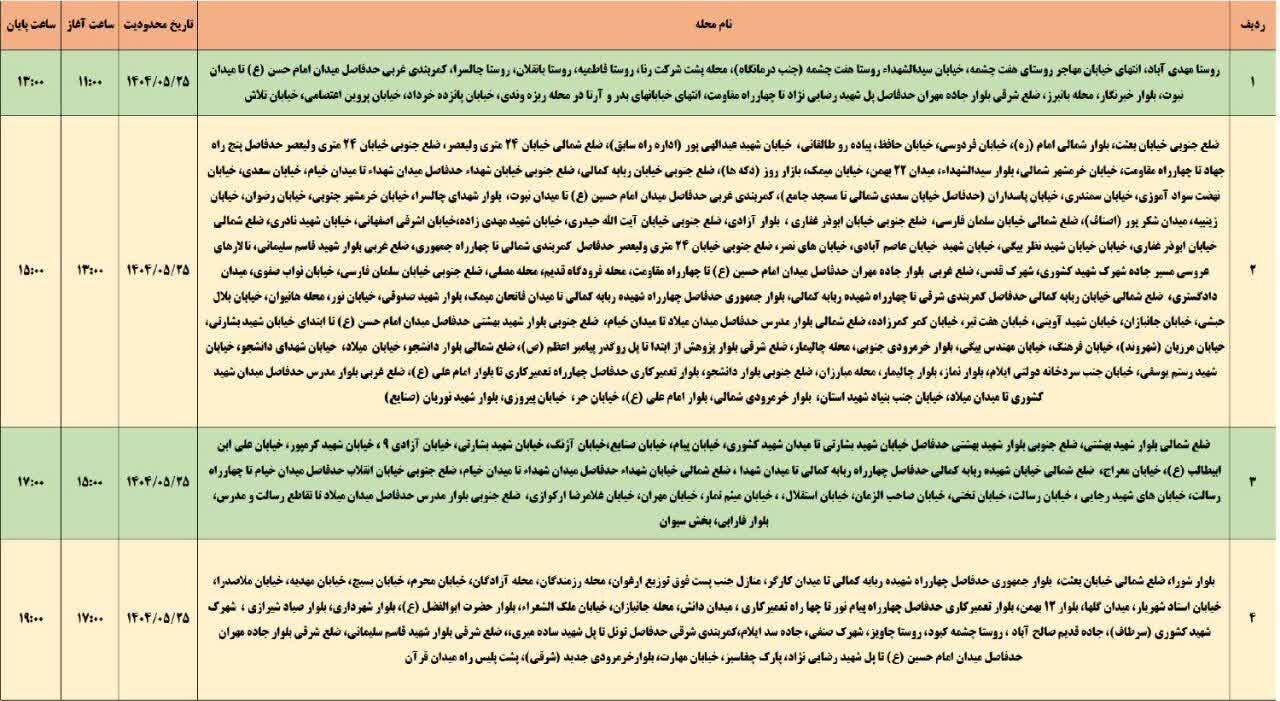 جدول قطعی برق استان ایلام امروز شنبه ۲۵ مرداد ۱۴۰۴