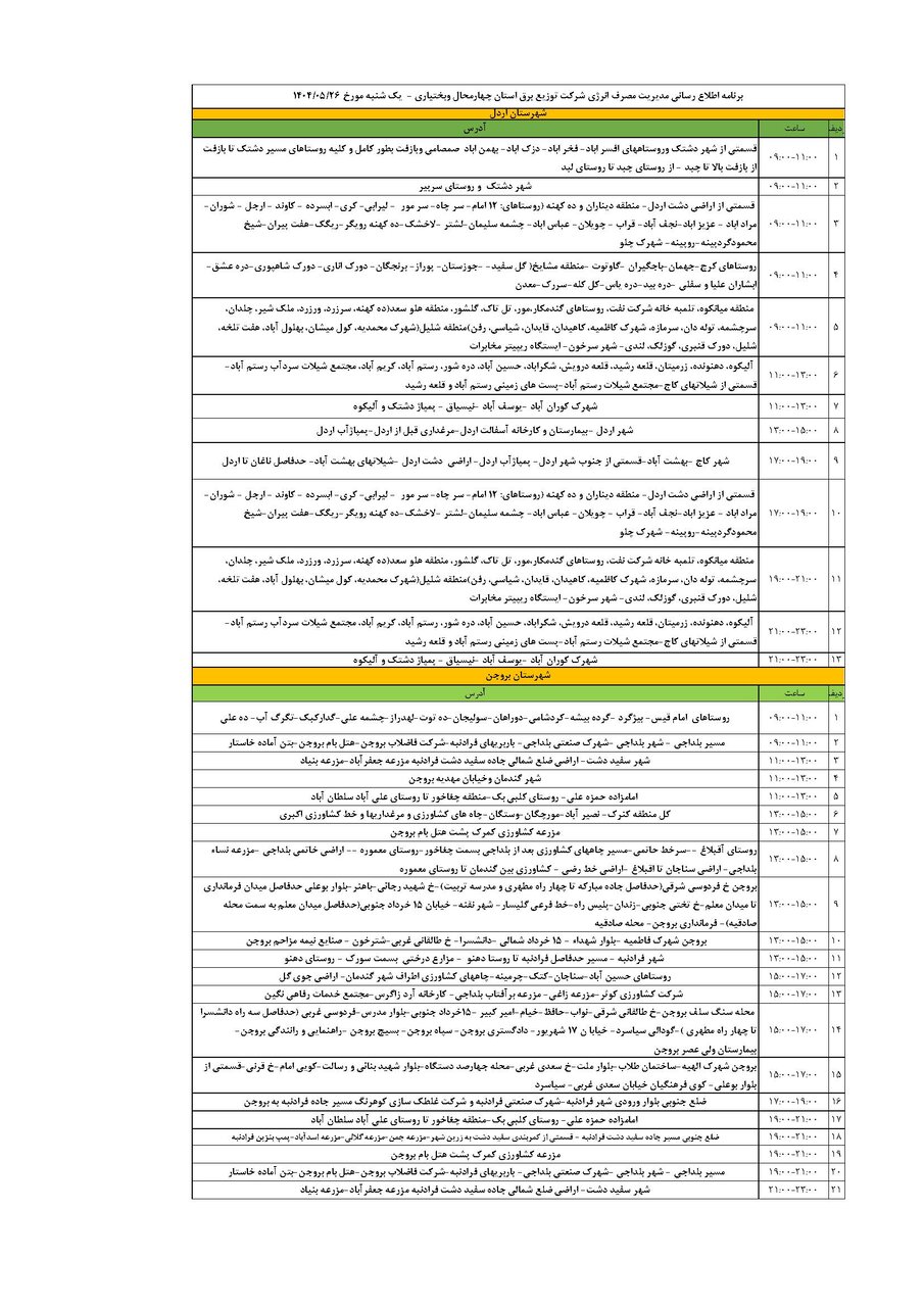 برنامه قطعی برق چهارمحال و بختیاری یکشنبه ۲۶ مرداد + جدول
