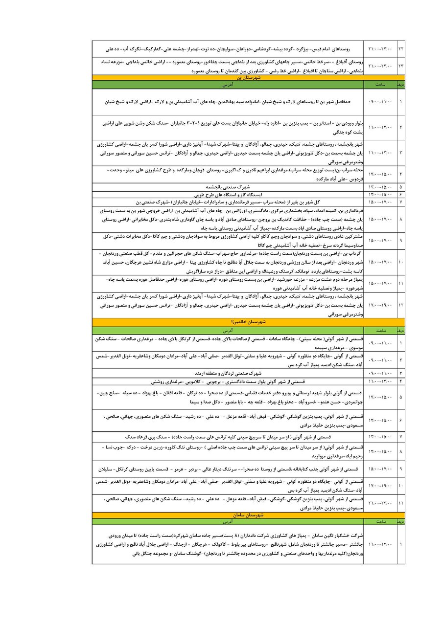 برنامه قطعی برق چهارمحال‌ و بختیاری‌ یکشنبه ۲۶ مرداد + جدول