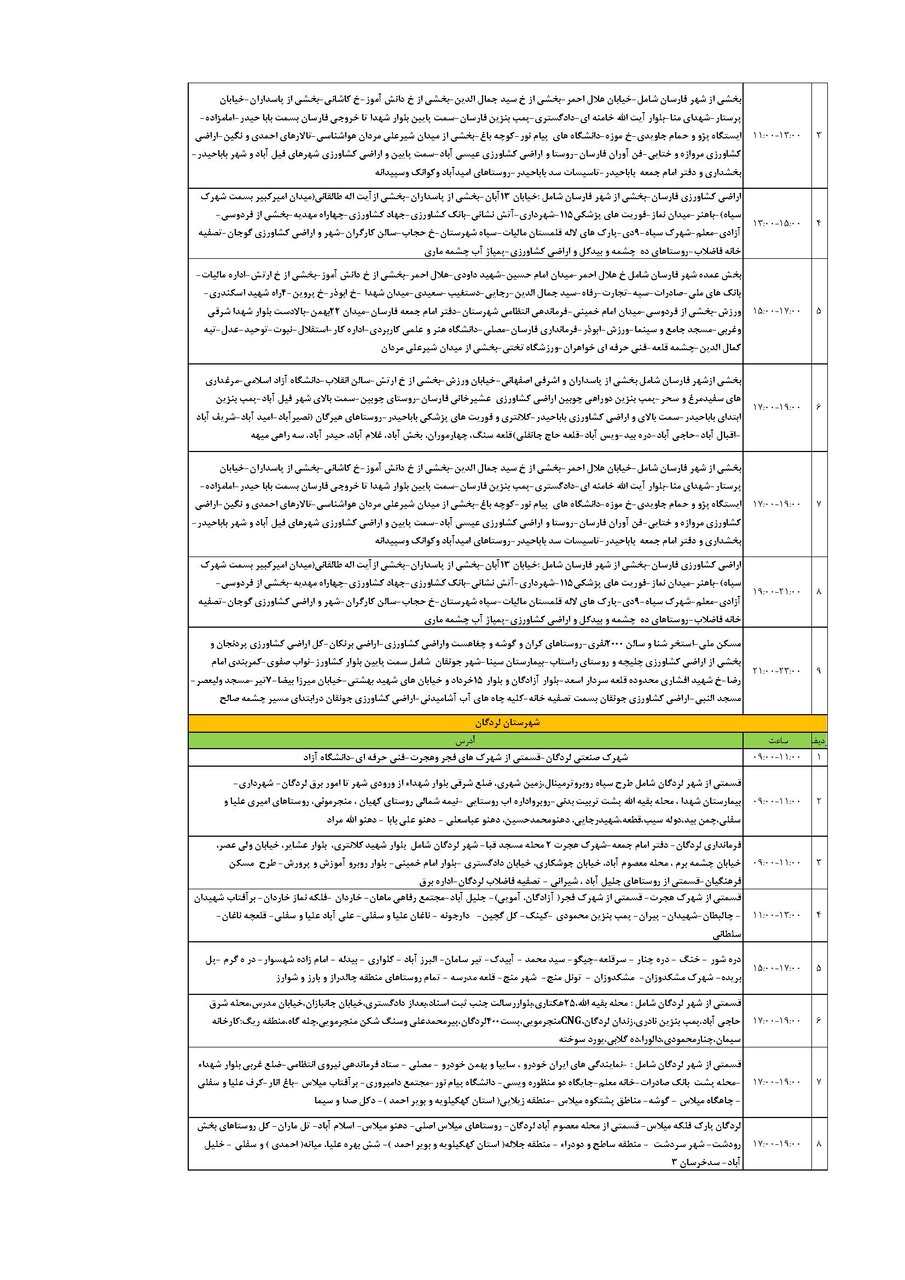 برنامه قطعی برق چهارمحال‌ و بختیاری‌ یکشنبه ۲۶ مرداد + جدول