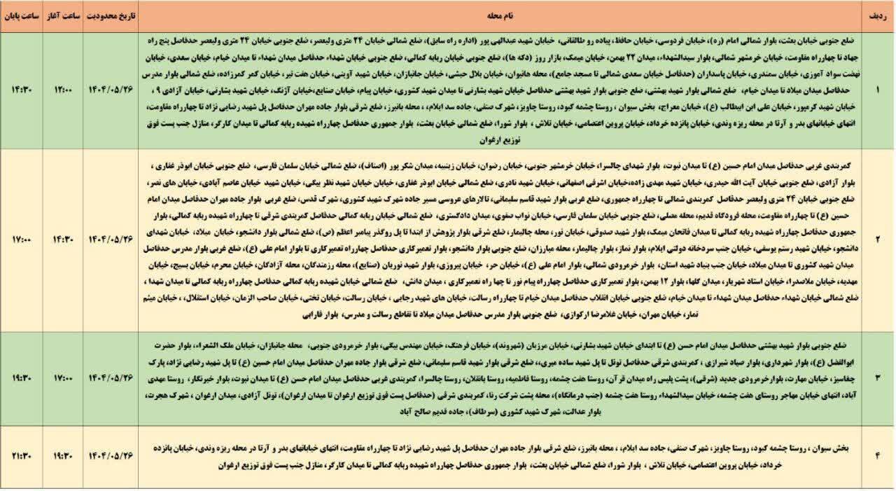 جدول قطعی برق استان ایلام امروز یکشنبه ۲۶ مرداد ۱۴۰۴