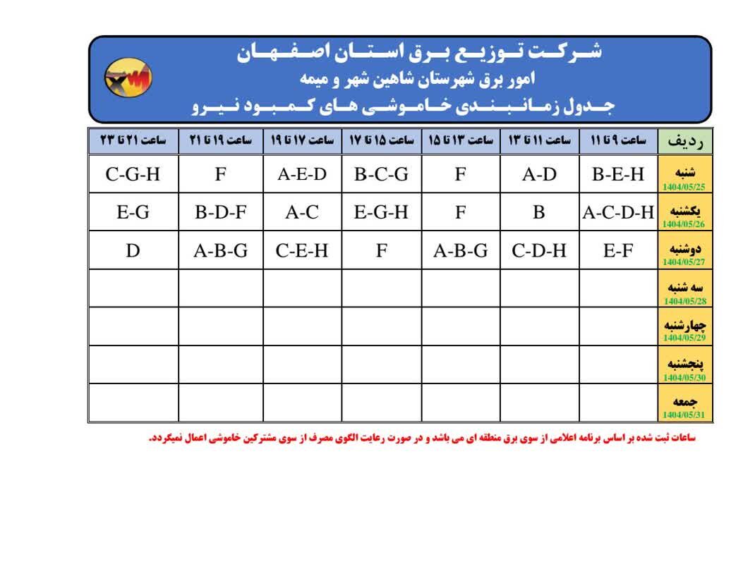 قطعی برق استان اصفهان فردا دوشنبه ۲۷ مرداد ۱۴۰۴ + جدول