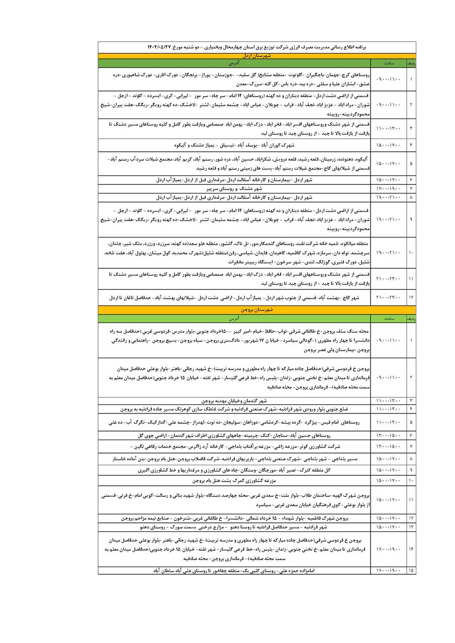 برنامه قطعی برق چهارمحال‌ و بختیاری‌ دوشنبه ۲۷ مرداد + جدول