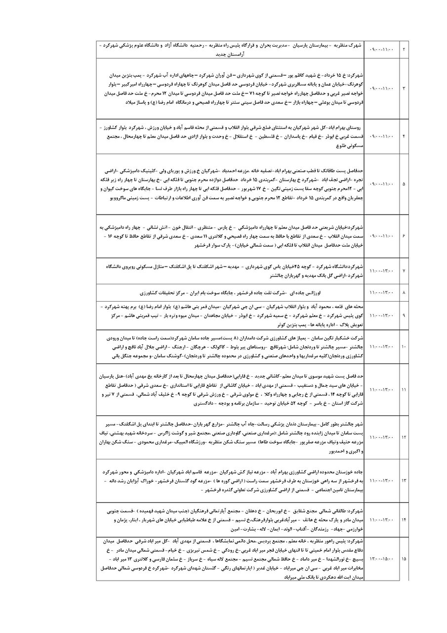 برنامه قطعی برق چهارمحال‌ و بختیاری‌ دوشنبه ۲۷ مرداد + جدول