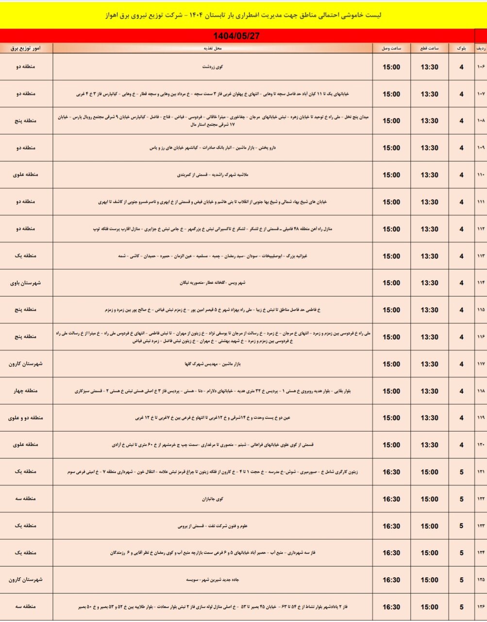 جدول قطعی برق