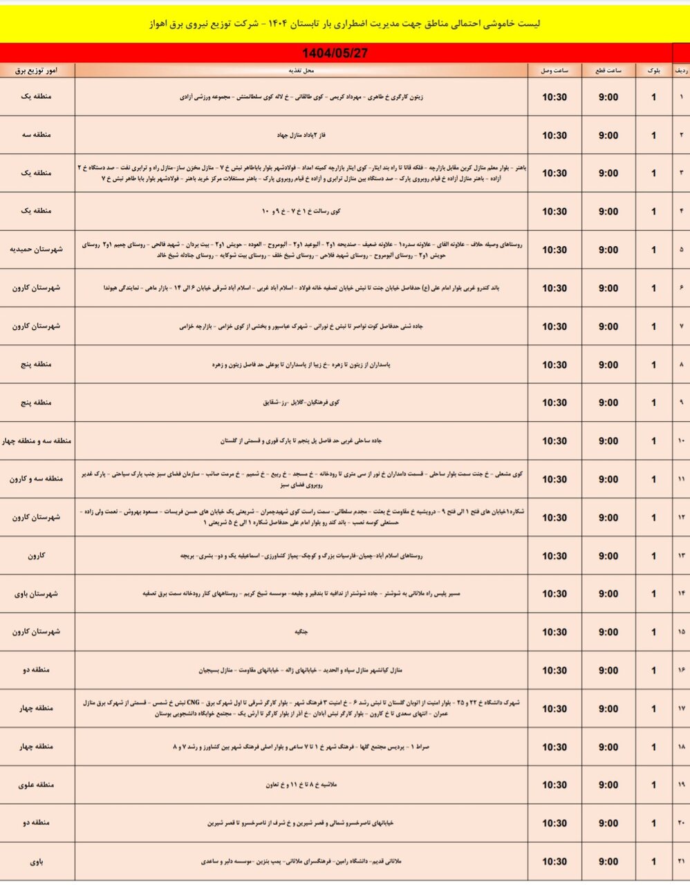 جدول قطعی برق