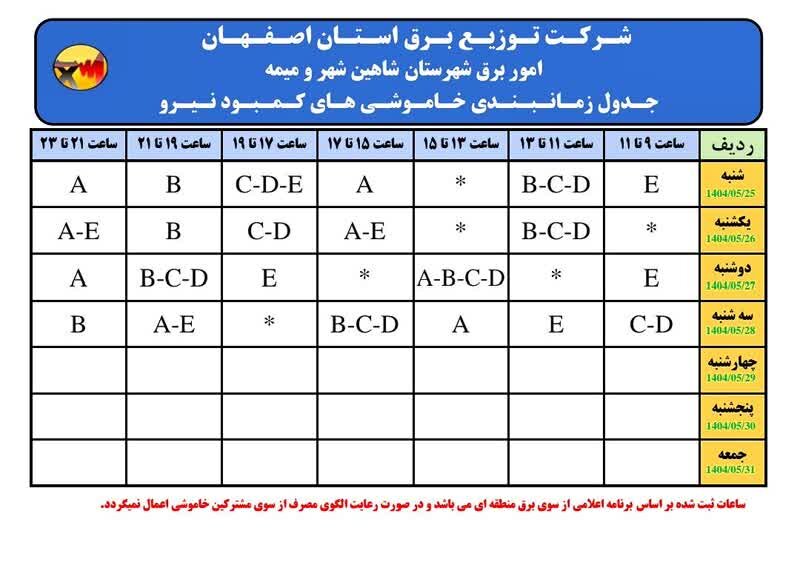 قطعی برق شاهین شهر فردا سه شنبه ۲۸ مرداد ۱۴۰۴ + جدول
