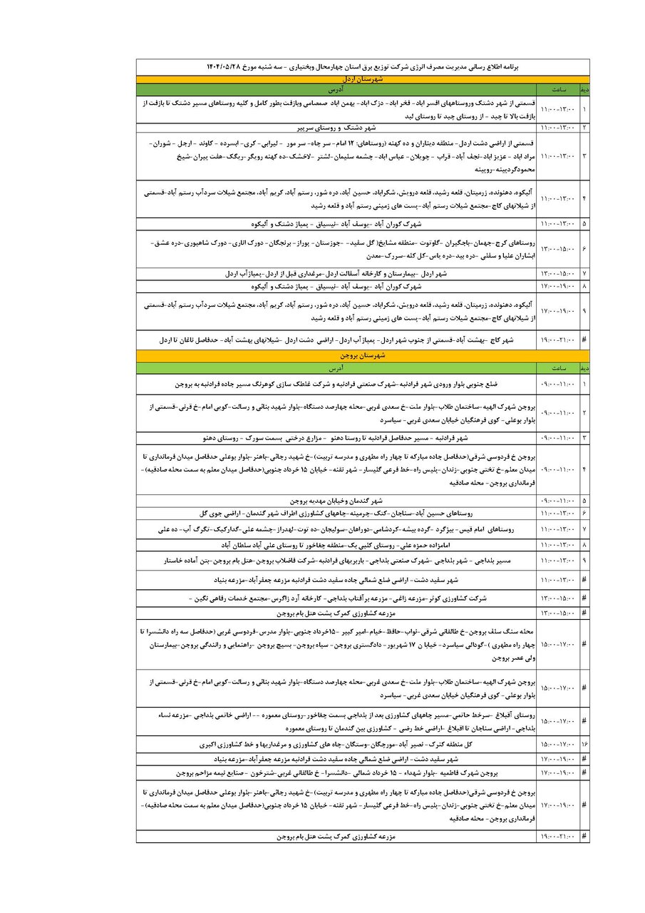 برنامه قطعی برق چهارمحال‌ و بختیاری‌ سه شنبه ۲۸ مرداد + جدول
