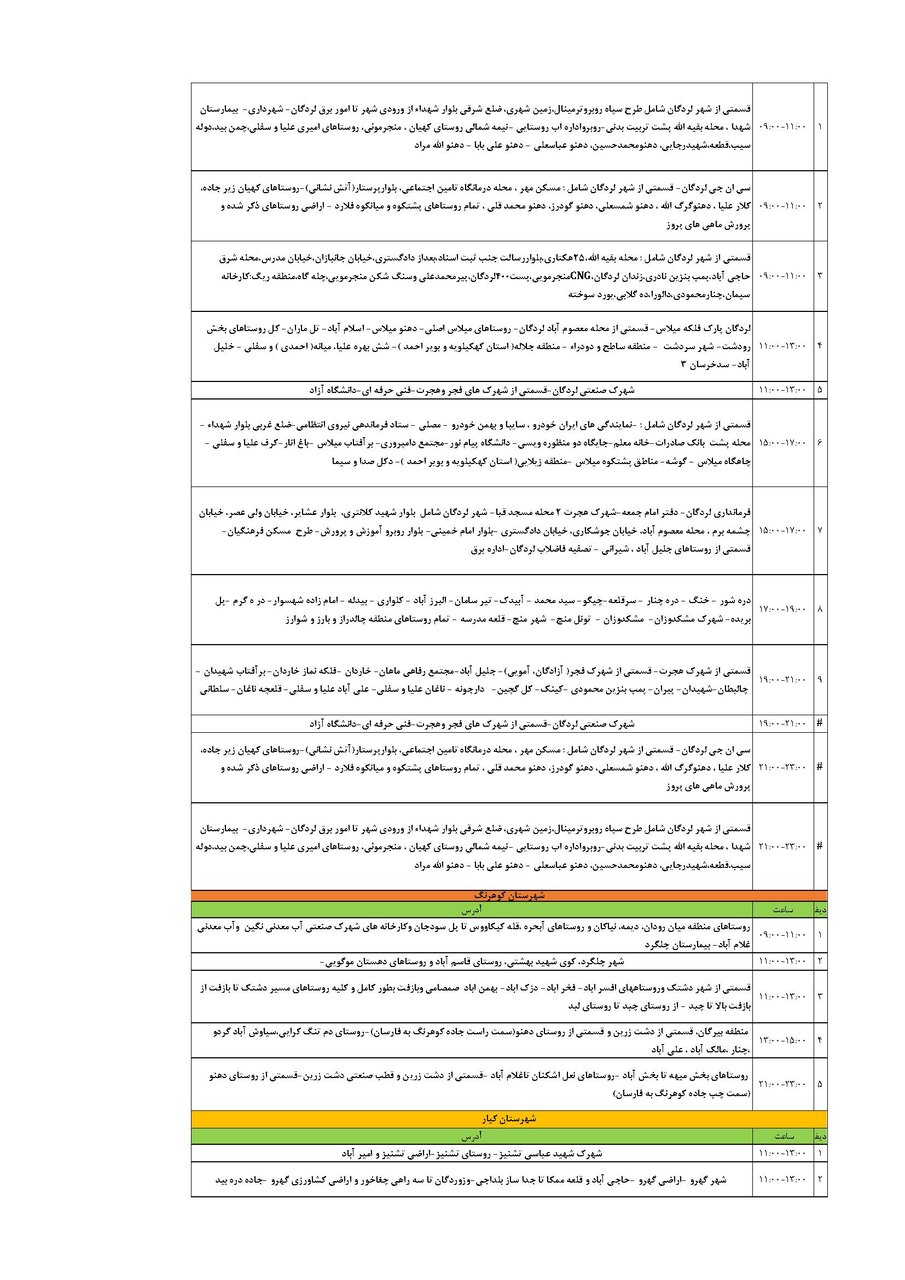برنامه قطعی برق چهارمحال‌ و بختیاری‌ سه شنبه ۲۸ مرداد + جدول
