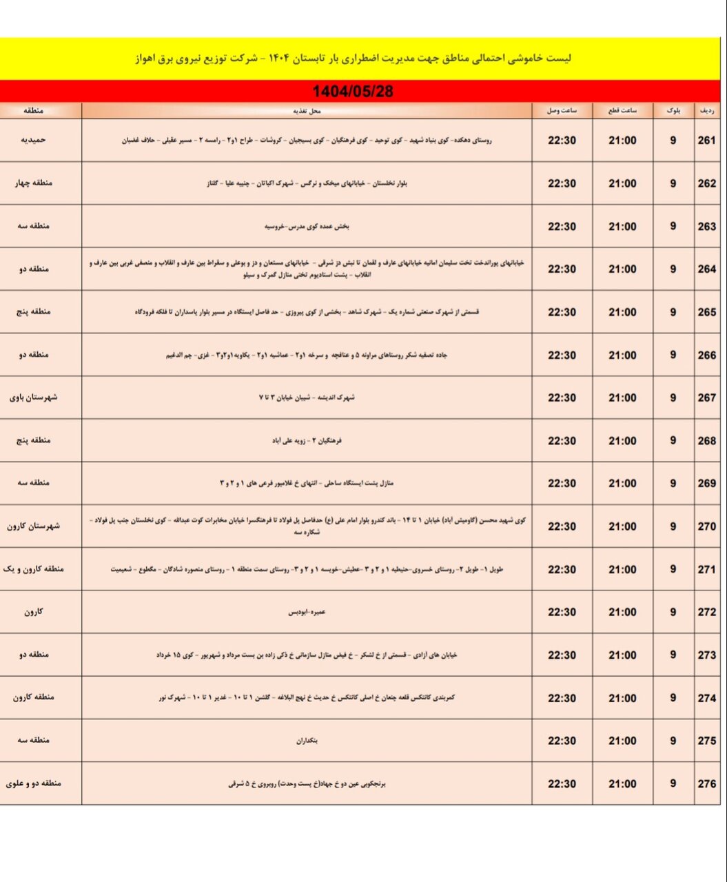 جدول خاموشی