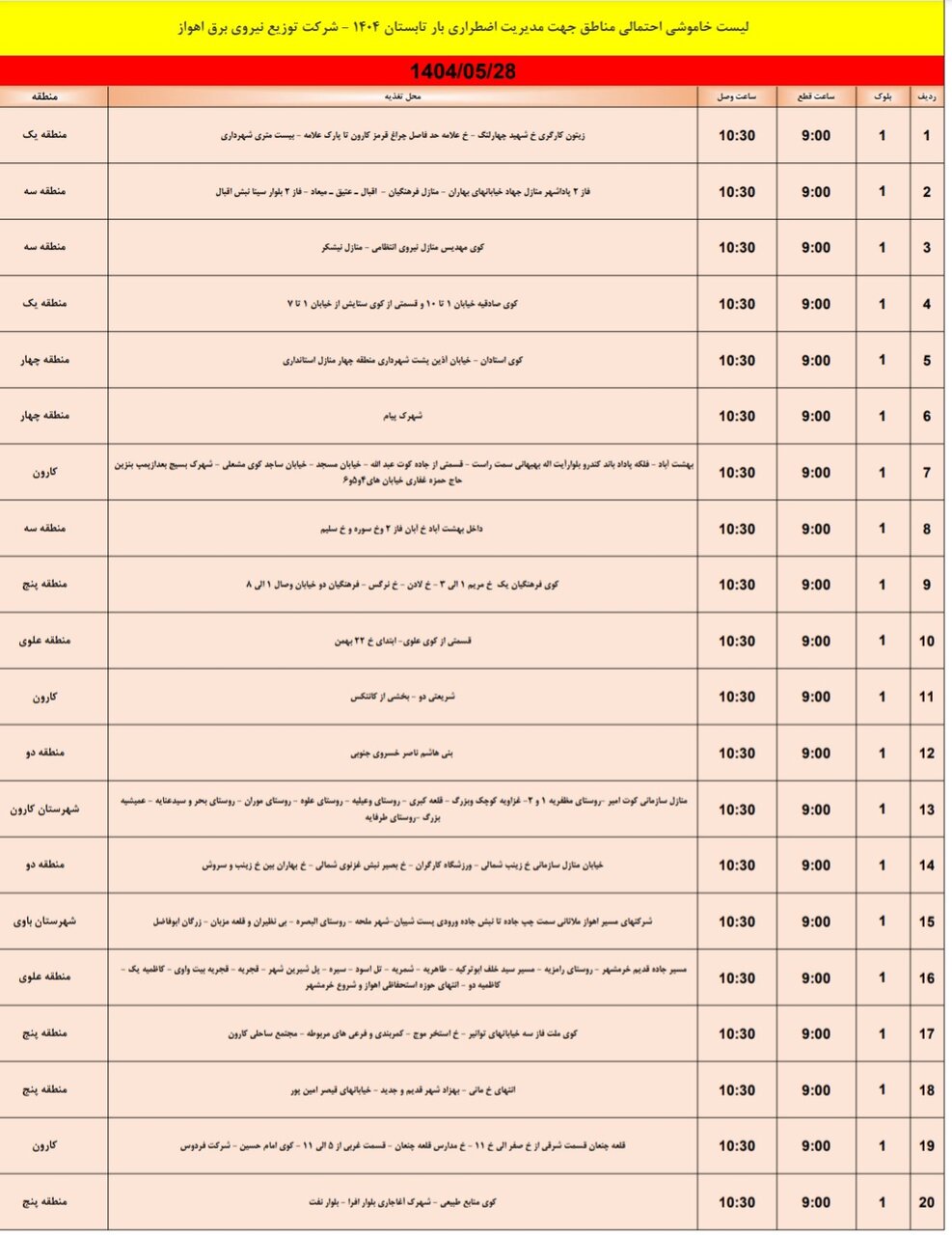 جدول خاموشی