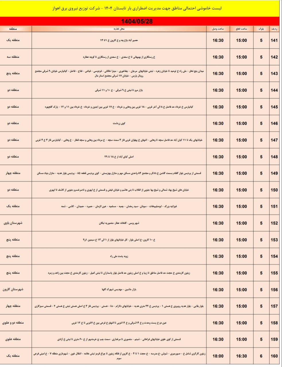جدول خاموشی